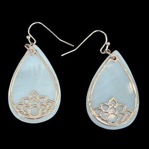 Mother of Pearl Teardrop Lotus Flower Pierced Earrings Rose Gold Tone